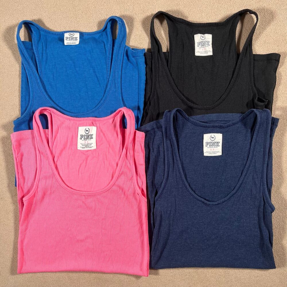 RARE! Y2K Lot of 4 Victoria's Secret PINK Colorful Ribbed Tank Tops Sz S